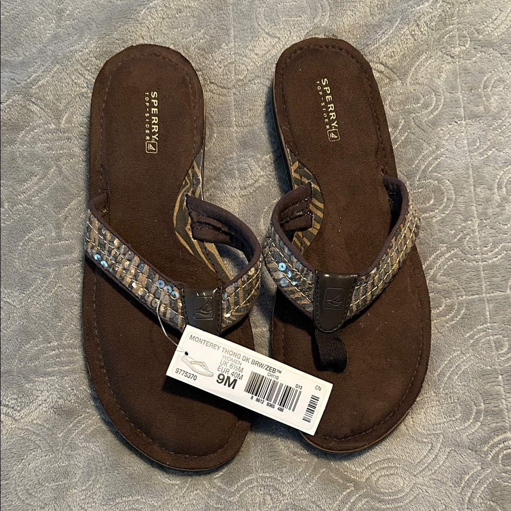 NWT Sperry Tan and Brown Zebra Sequin Flip Flops